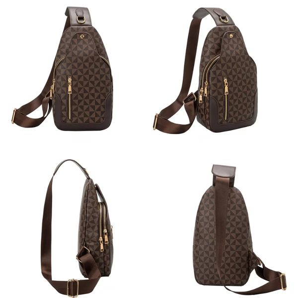 Brown patterned sling bag shown from multiple angles on a white background