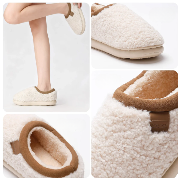 Collage of warm slippers with close-up details on a white background