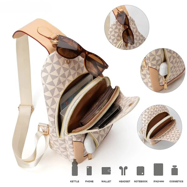 Beige patterned backpack with compartments for sunglasses, phone, wallet, etc.