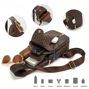 Brown patterned bag with various compartments and items on a white background