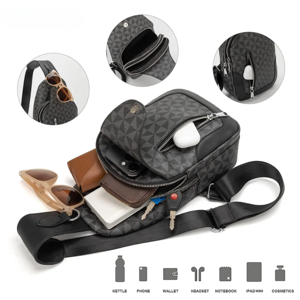 Gray patterned crossbody bag with various items and icons below on a white background