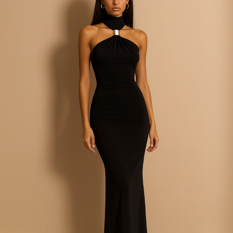 Black halter neck dress on a model against a beige background