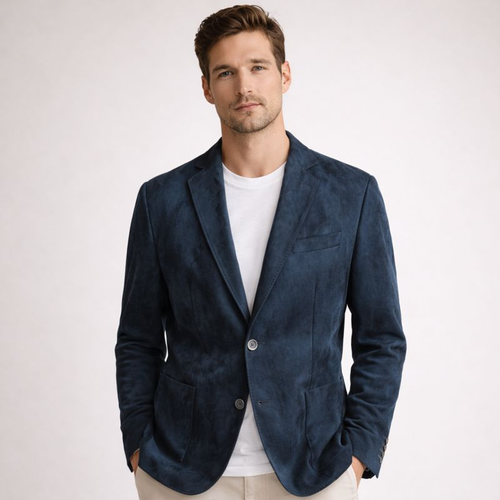 Man wearing a navy blazer over a white shirt on a light background