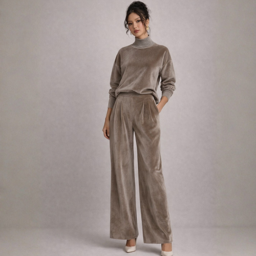 Women's pants — versatile — PR-0597 - Women's Velvet Knit Long Sleeve Two-Piece Set with Wide Leg Pants — Sonverdano