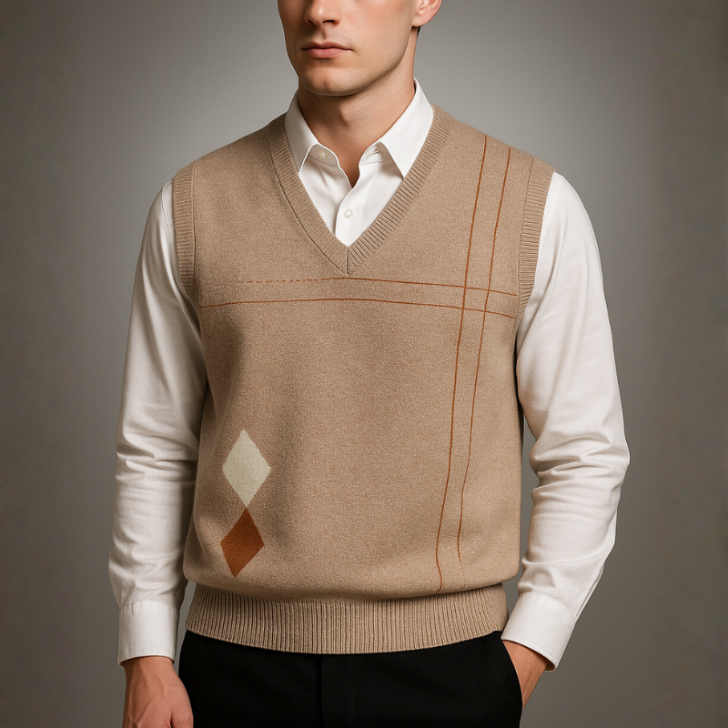 Man wearing a beige sweater vest over a white shirt on a gray background