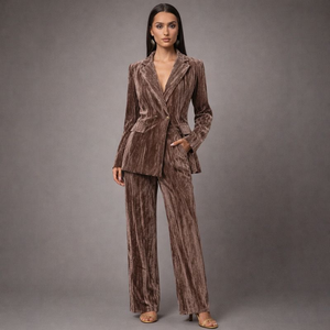 Woman wearing a brown velvet suit against a gray background