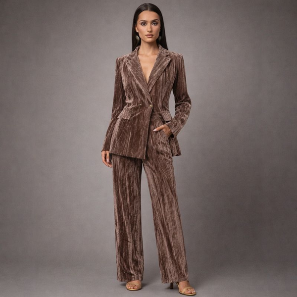 Woman wearing a brown velvet suit against a gray background