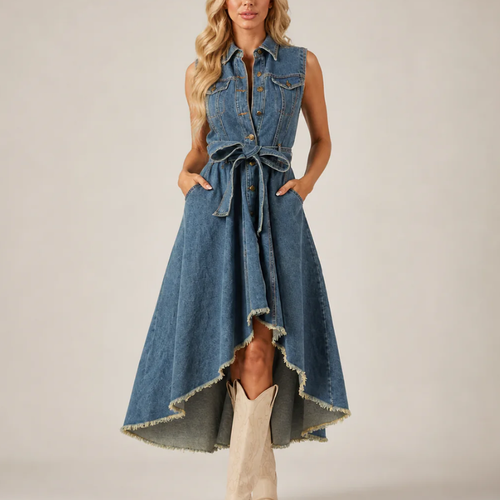 Women's blue denim dress front view — chic — Loretta Denim Dress for every occasion — Sonverdano
