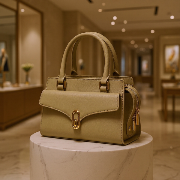 Green handbag on a pedestal in a blurred interior setting