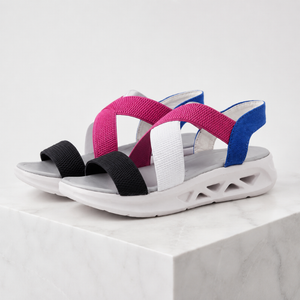 Women's multicolor geometric sandals close-up — versatile — Florence Orthopedic Sandals — Sonverdano