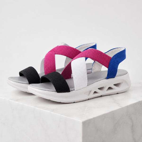 Women's multicolor geometric sandals close-up — versatile — Florence Orthopedic Sandals — Sonverdano