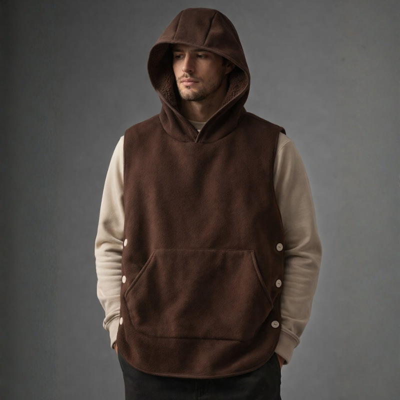 Man wearing a brown hooded vest over a beige shirt against a gray background