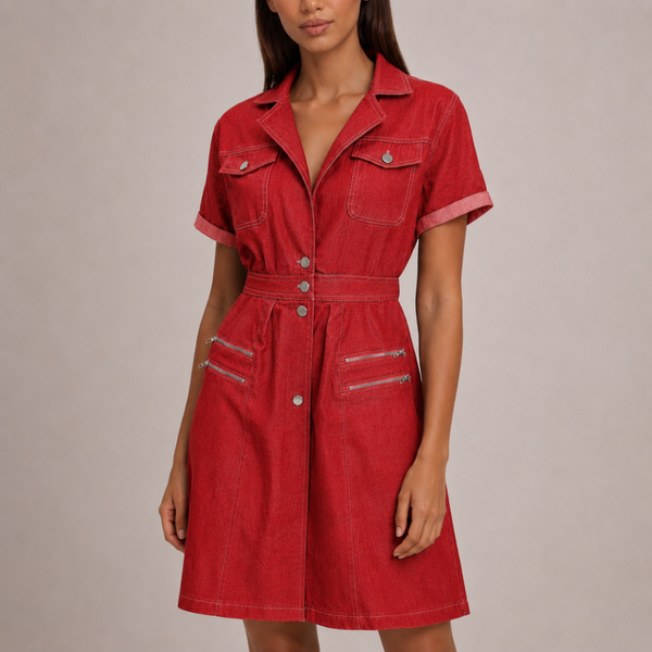 Women's red denim dress detail view — chic — Nina Denim Midi Dress for every occasion — Sonverdano