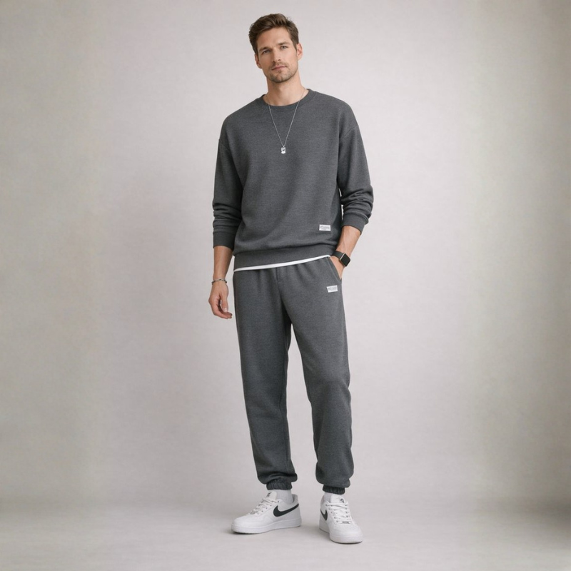 Man wearing a gray sweatshirt and pants with white sneakers on a plain background