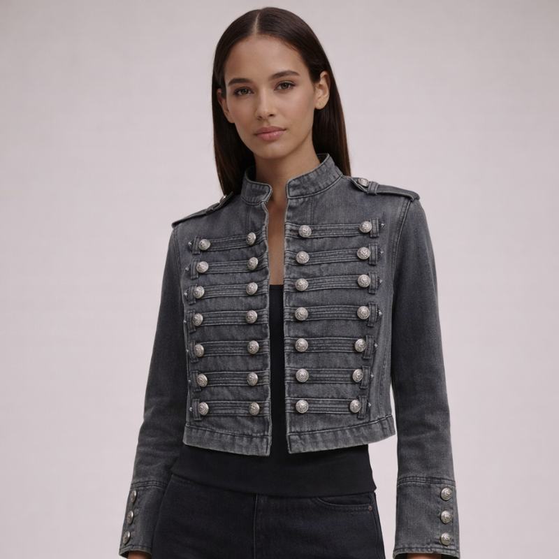 Women's black denim jacket front view — outerwear — Alexandra Military Jacket — Sonverdano