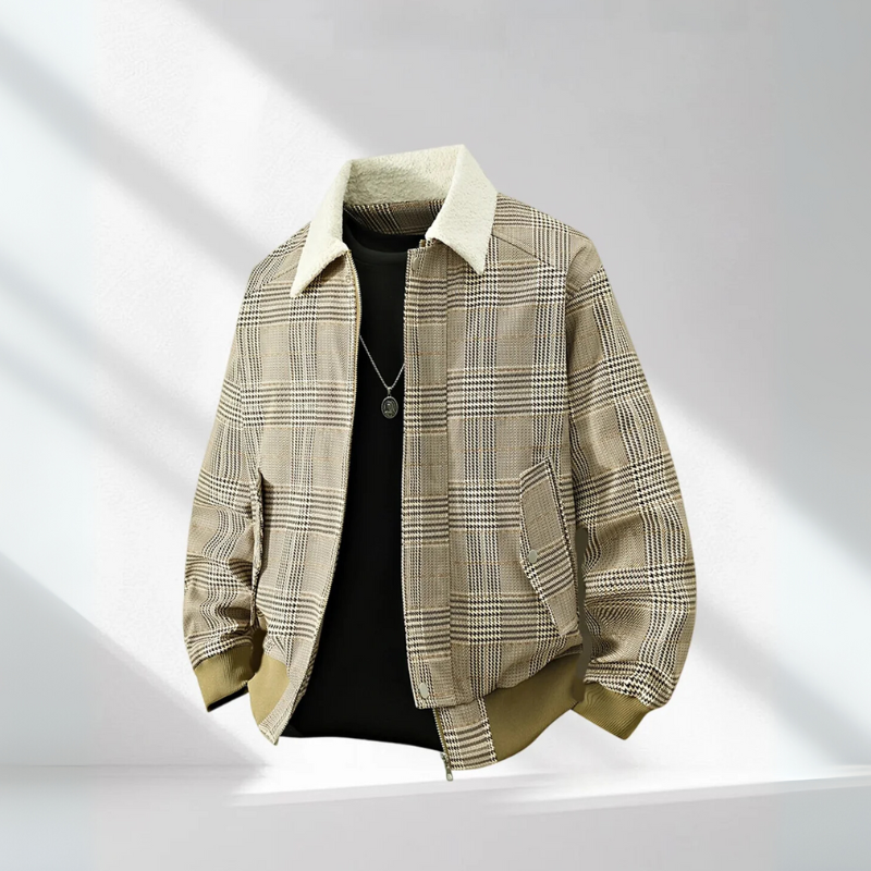 Plaid jacket with a white collar on a light gray background