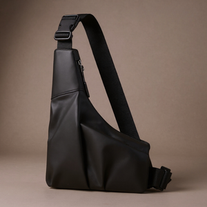 Black sling bag on a brown background