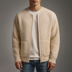Man wearing a beige ribbed sweater over a white shirt with a gray background