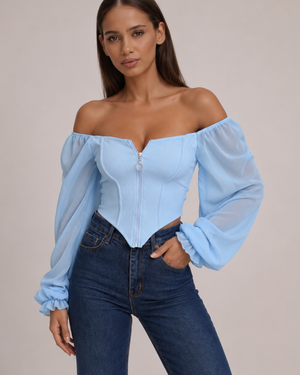 Women's light blue chiffon juliette front view — versatile — Juliette Corset Blouse — Sonverdano