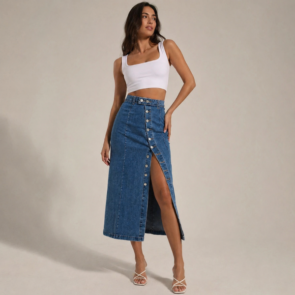 Women's denim skirt back view — chic — Dea Bella Denim Skirt for every occasion — Sonverdano