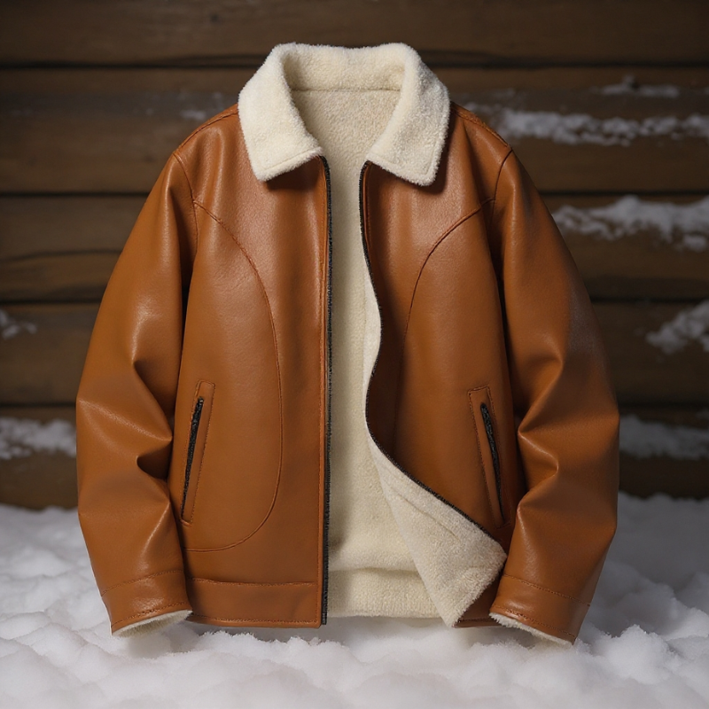 Brown leather jacket with cream fur lining on a snowy background