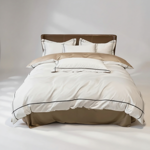 Beige and brown bed set with matching pillows on a neutral background