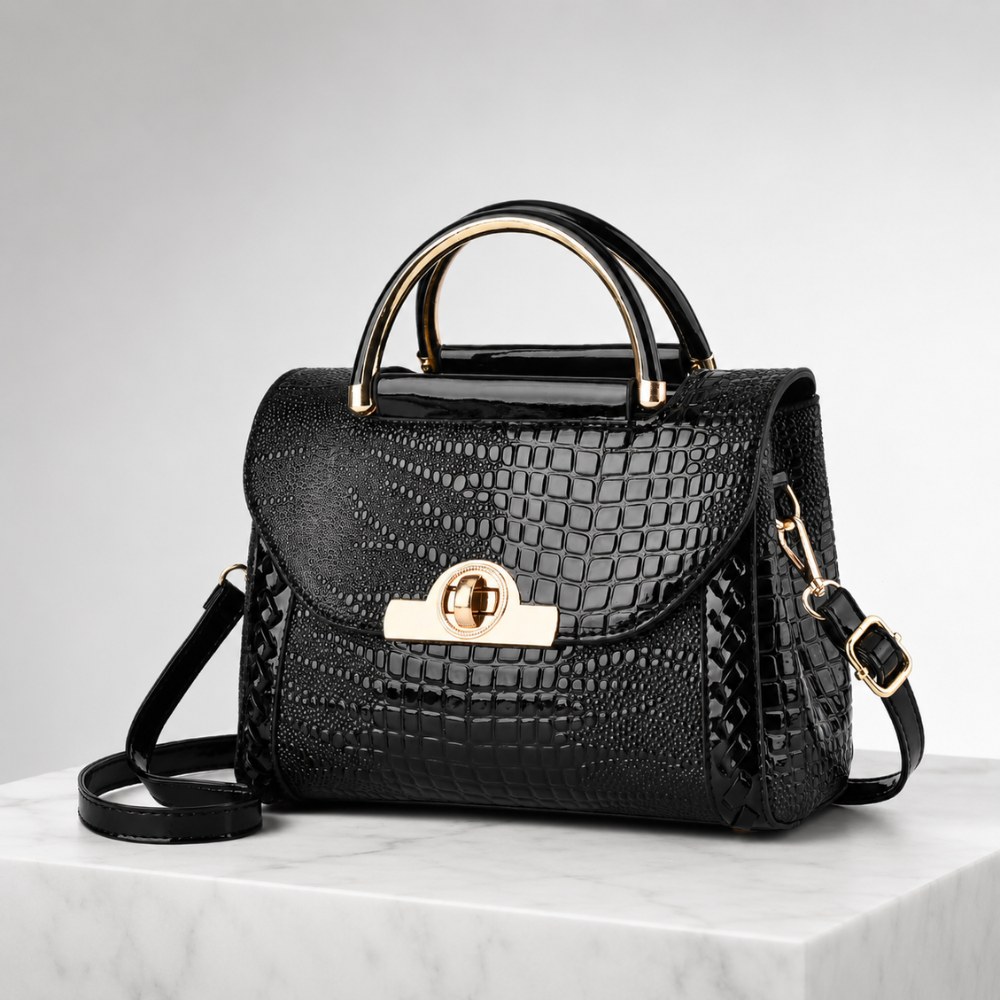 Women's black handbag front view — everyday — Valentina Croc Handbag — Sonverdano