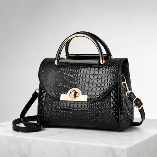 Women's black handbag front view — everyday — Valentina Croc Handbag — Sonverdano