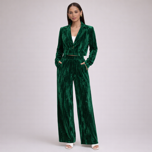 Women's green silk set front view — coordinated — Djuna Velvet 2 Piece Set — Sonverdano