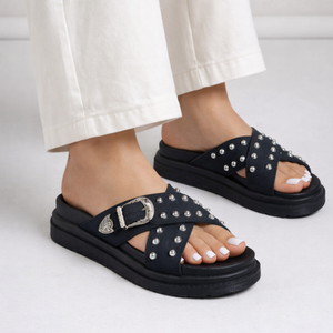 Women's black sandals front view — summer for every occasion — Cindy Buckle Sandals — Sonverdano