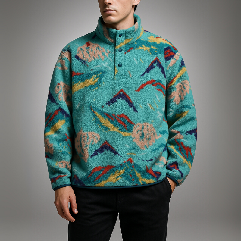 Person wearing a colorful patterned sweater against a gray background