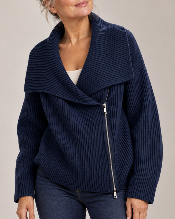 Women's navy ribbed cardigan front view — cozy — Tara Oversized Zip Cardigan — Sonverdano