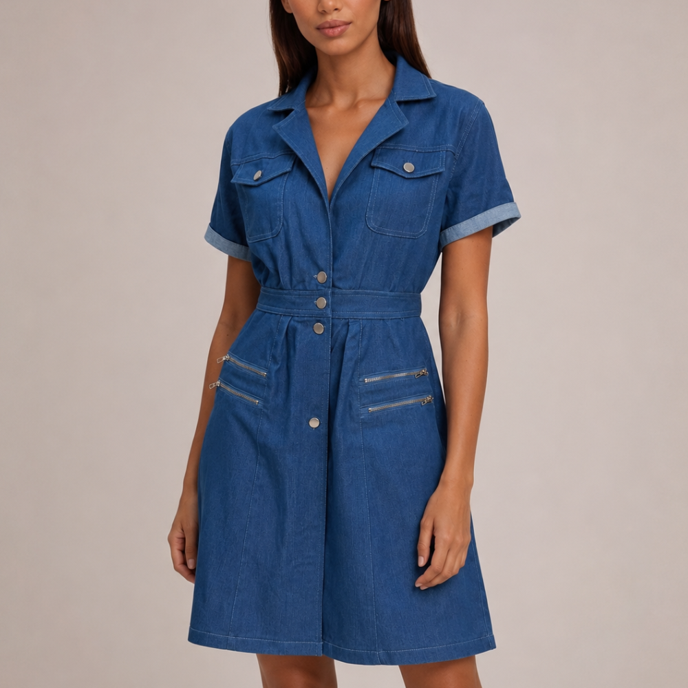Women's blue denim dress front view — chic — Nina Denim Midi Dress for every occasion — Sonverdano