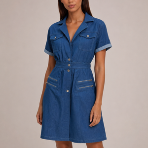 Women's blue denim dress front view — chic — Nina Denim Midi Dress for every occasion — Sonverdano