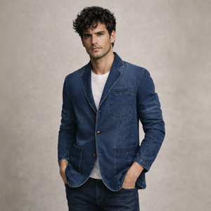 Men's blue denim blazer front view — smart casual — Mateo Denim Blazer — Sonverdano