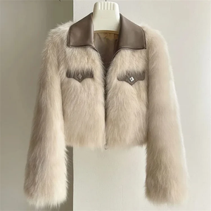 Beige fur jacket with brown leather collar on a white background