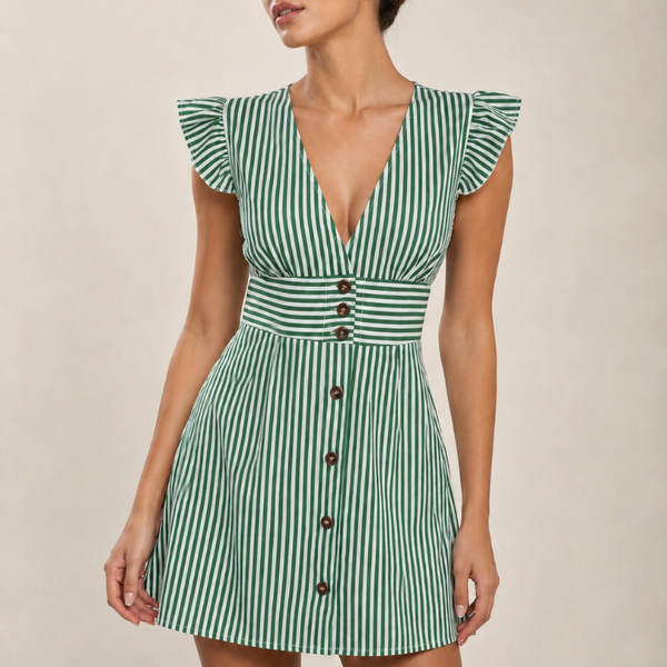 Women's green striped dress side view — summer — Bianca Striped Mini Dress — Sonverdano