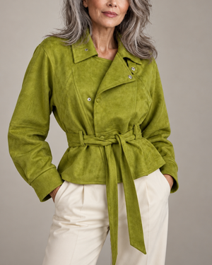 Women's green suede jacket front view — outerwear — Diane Peplum Jacket — Sonverdano