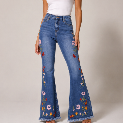 Women's floral jeans front view — casual — Flora Embroidered Flare Jeans — Sonverdano
