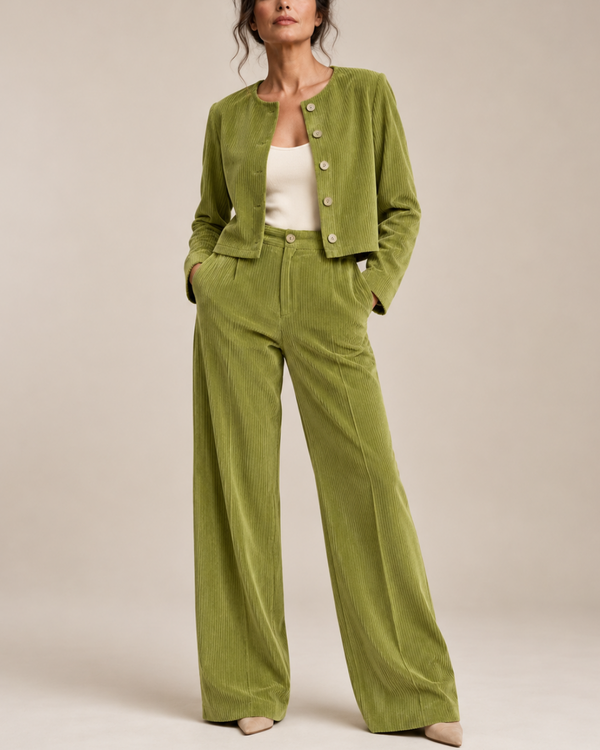 Women's green ribbed pants front view — versatile — Sissi Corduroy 2-Piece Set — Sonverdano