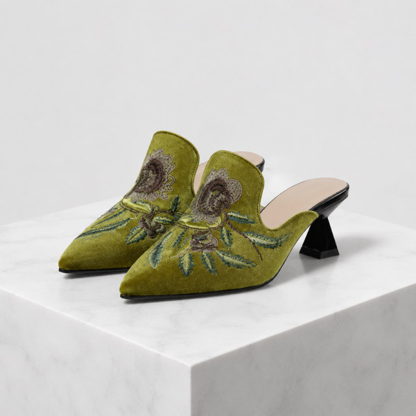 Women's floral heels close-up — elegant — Harriet Embroidered Pointed Mules — Sonverdano
