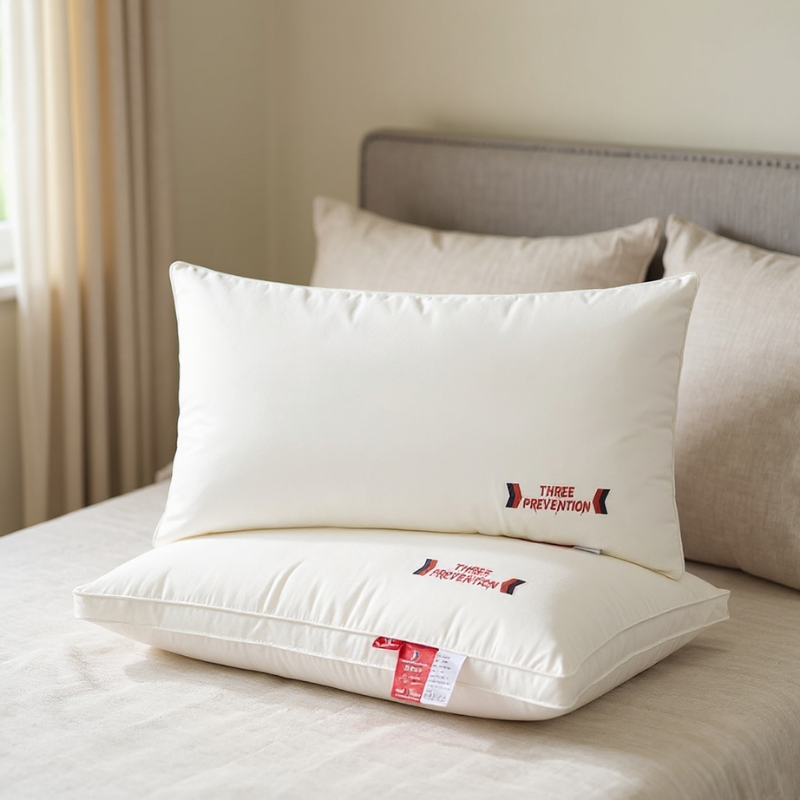 Two white pillows with 'Three Prevention' branding on a bed.