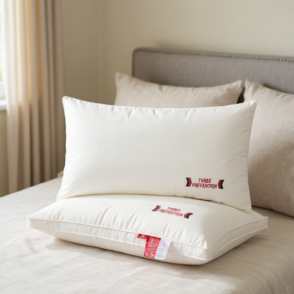 Two white pillows with 'Three Prevention' branding on a bed.