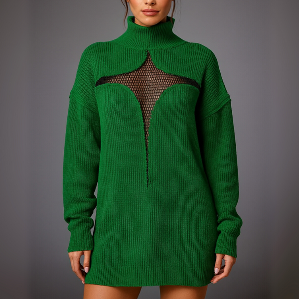 Green knit dress with mesh panel on a gray background