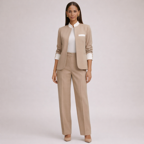 Woman wearing a beige suit with a white shirt on a light gray background