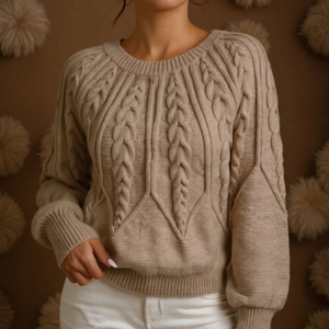 Beige cable knit sweater worn by a person against a brown background with decorative elements.