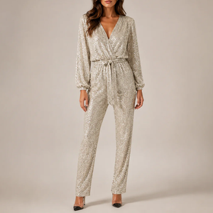 Women's champagne dress alternate angle — chic — Julie Sequin Jumpsuit — Sonverdano