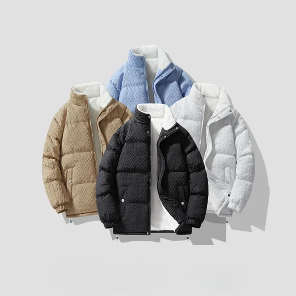 Four puffer jackets in beige, blue, black, and white on a light gray background