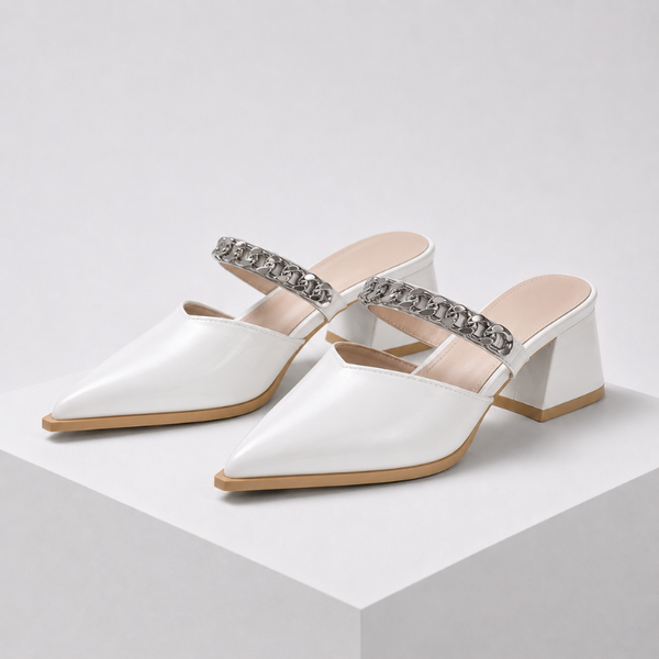 Women's off-white heels close-up — elegant — Cassandra Pointed Toe Chain Mules — Sonverdano