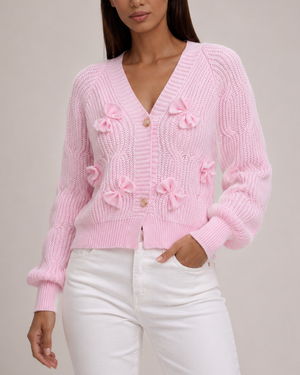 Women's light pink textured cardigan side view — cozy — Ariana Bow Knit Cardigan — Sonverdano